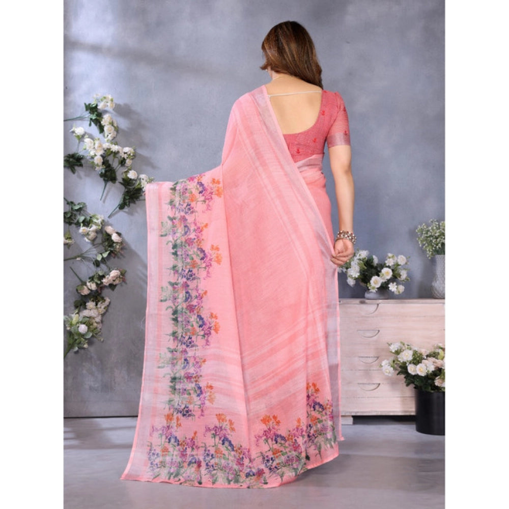 Women's Linen Cotton Printed Saree With Unstitched Blouse 5.5 Mtr (Peach)