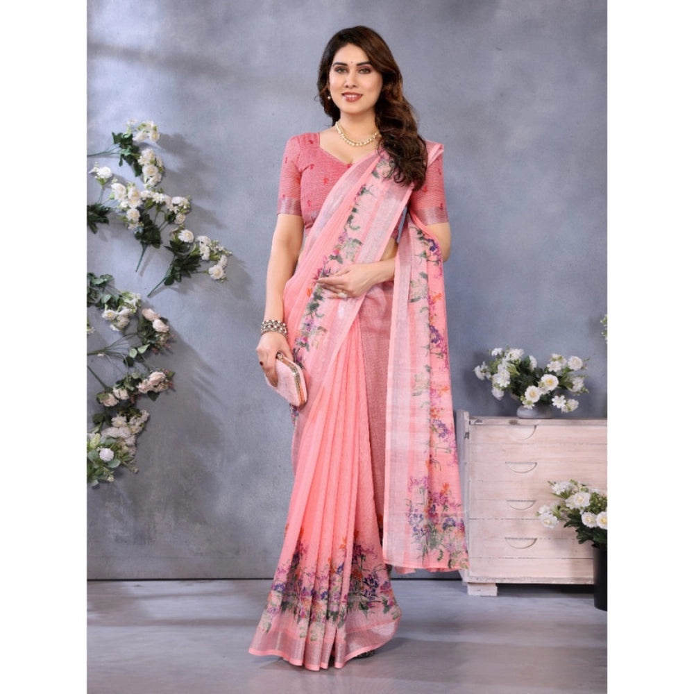 Women's Linen Cotton Printed Saree With Unstitched Blouse 5.5 Mtr (Peach)