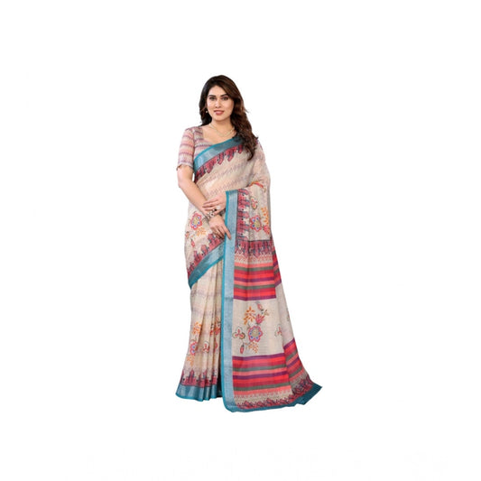 Women's Linen Cotton Printed Saree With Unstitched Blouse 5.5m (Cream)