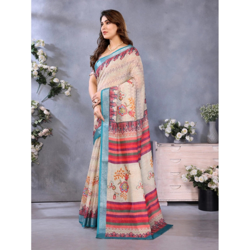 Women's Linen Cotton Printed Saree With Unstitched Blouse 5.5 Mtr (Cream)