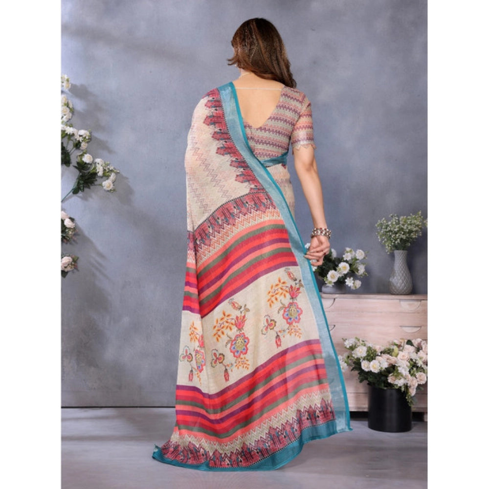 Women's Linen Cotton Printed Saree With Unstitched Blouse 5.5 Mtr (Cream)
