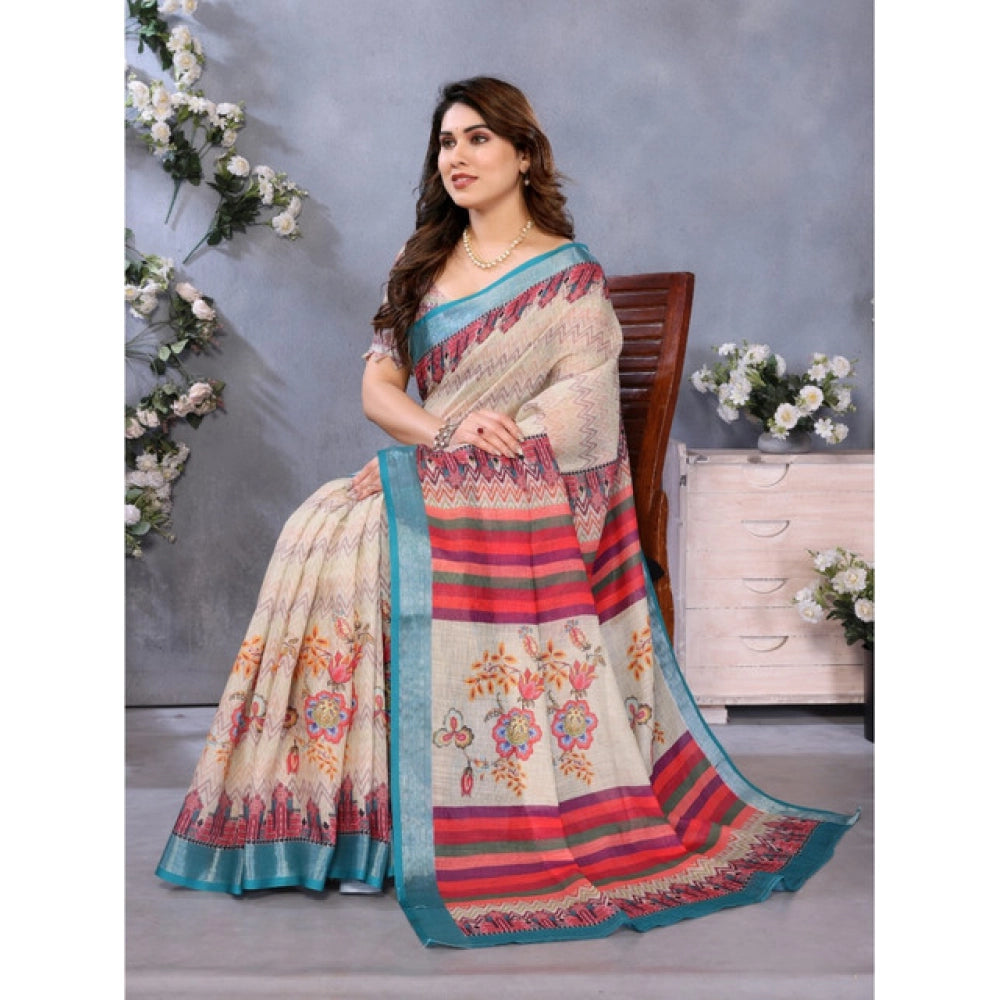 Women's Linen Cotton Printed Saree With Unstitched Blouse 5.5 Mtr (Cream)