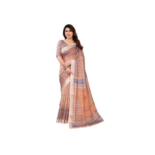 Women's Linen Cotton Printed Saree With Unstitched Blouse 5.5m (Brown)