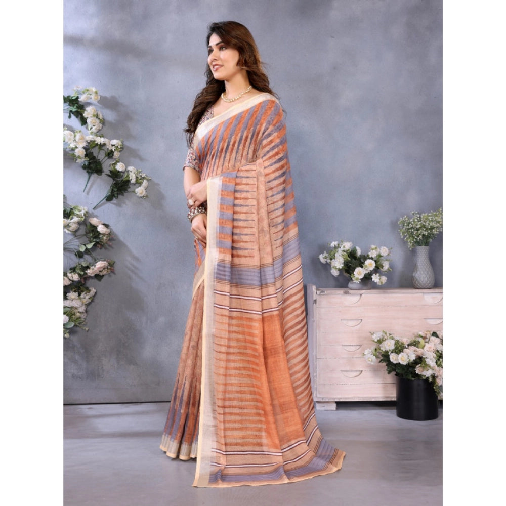 Women's Linen Cotton Printed Saree With Unstitched Blouse 5.5 Mtr (Brown)