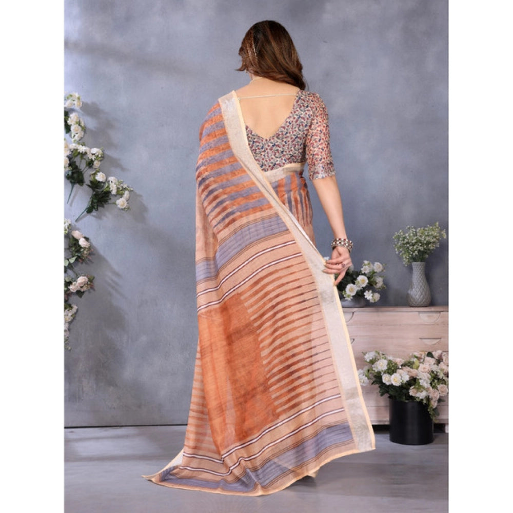 Women's Linen Cotton Printed Saree With Unstitched Blouse 5.5 Mtr (Brown)