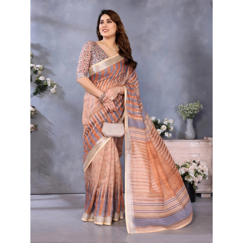 Women's Linen Cotton Printed Saree With Unstitched Blouse 5.5 Mtr (Brown)