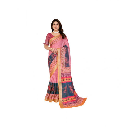Women's Linen Cotton Printed Saree With Unstitched Blouse 5.5m (Pink)