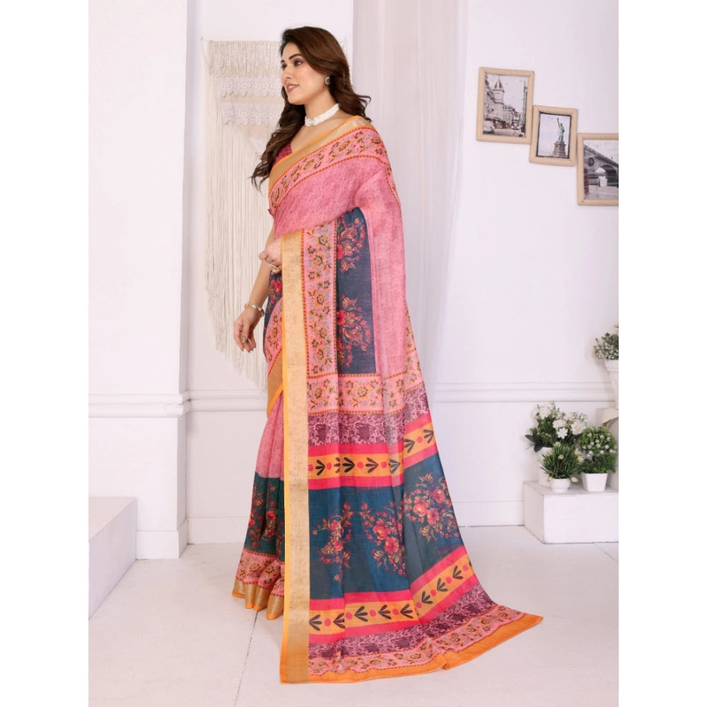 Women's Linen Cotton Printed Saree With Unstitched Blouse 5.5 Mtr (Pink)