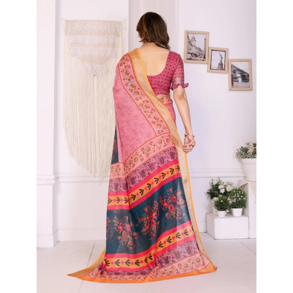 Women's Linen Cotton Printed Saree With Unstitched Blouse 5.5 Mtr (Pink)