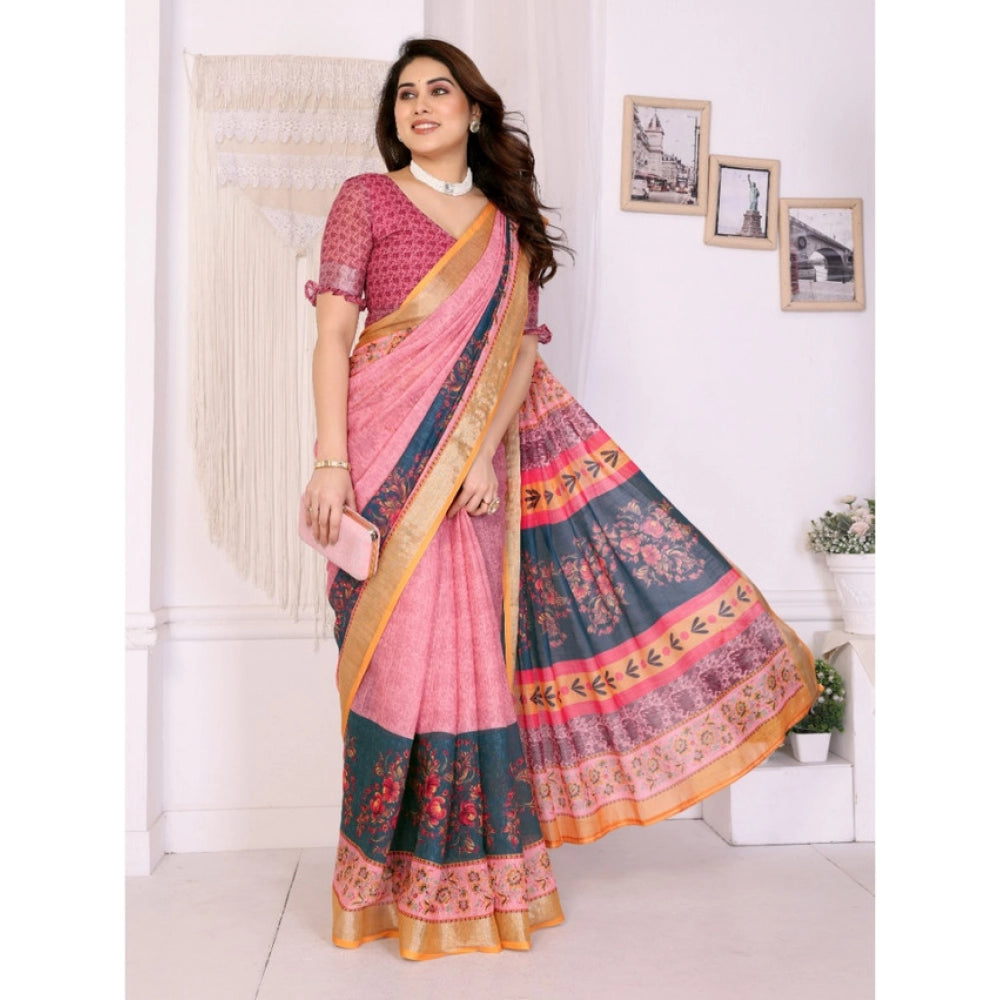 Women's Linen Cotton Printed Saree With Unstitched Blouse 5.5 Mtr (Pink)