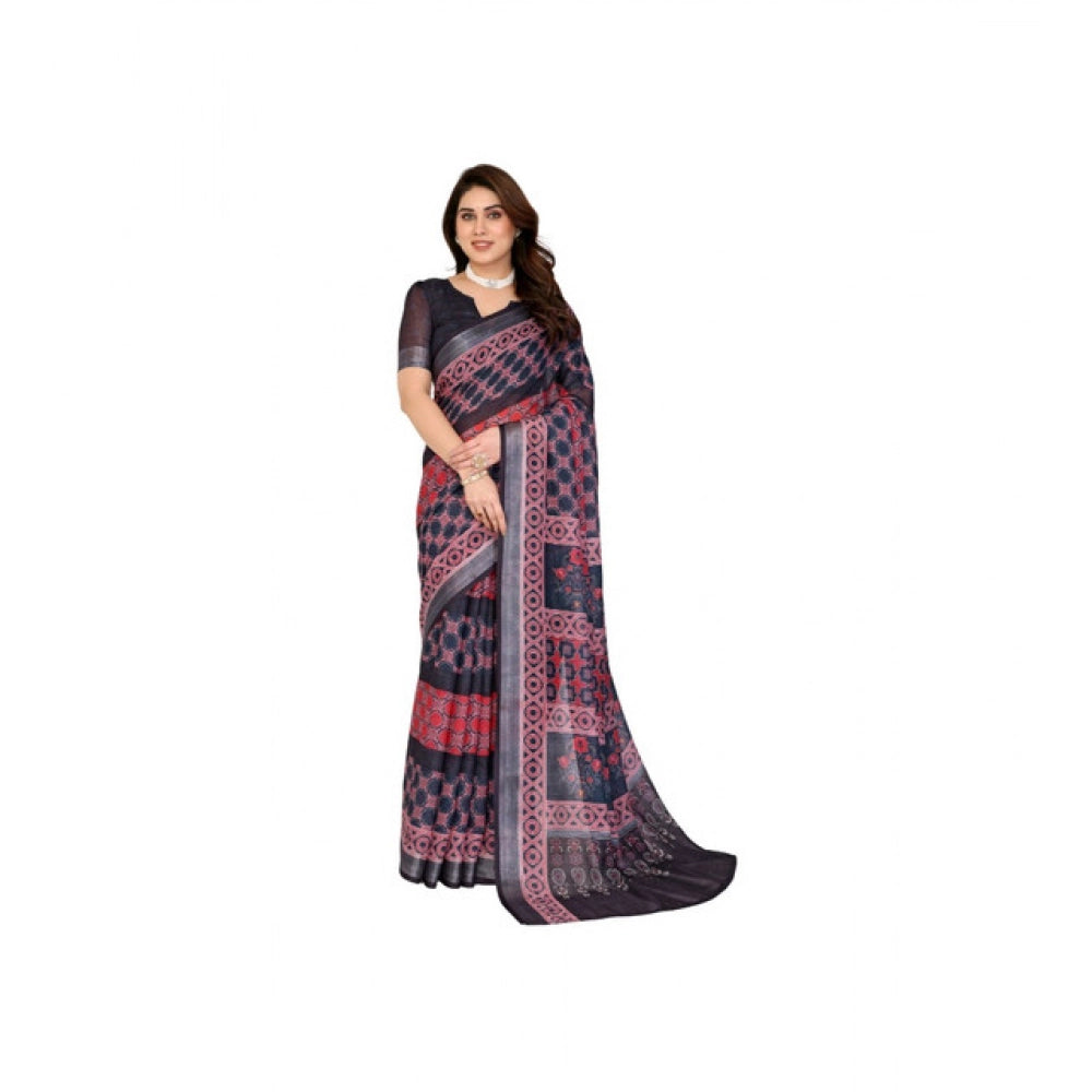 Women's Linen Cotton Printed Saree With Unstitched Blouse 5.5 Mtr (Black)
