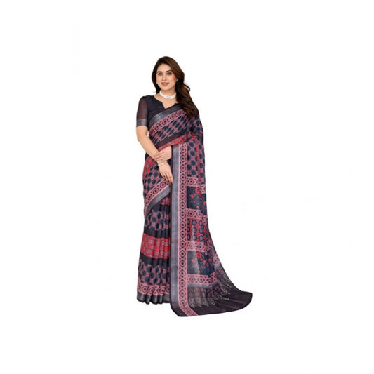 Women's Linen Cotton Printed Saree With Unstitched Blouse 5.5m (Black)