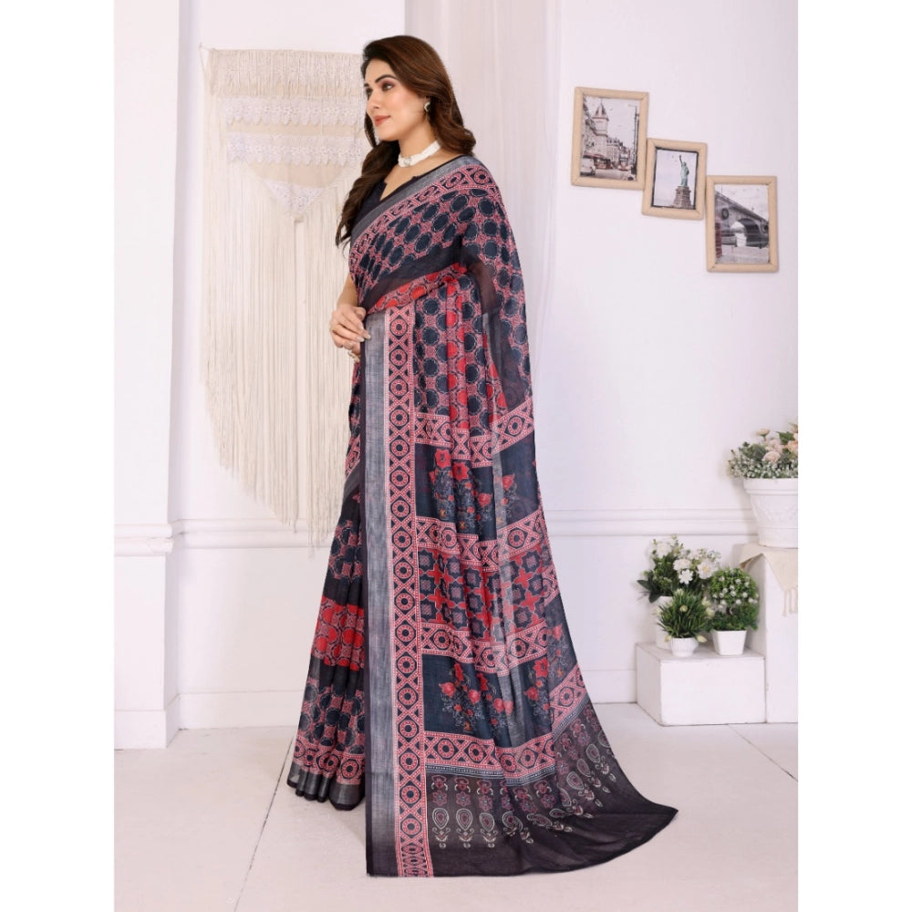 Women's Linen Cotton Printed Saree With Unstitched Blouse 5.5 Mtr (Black)