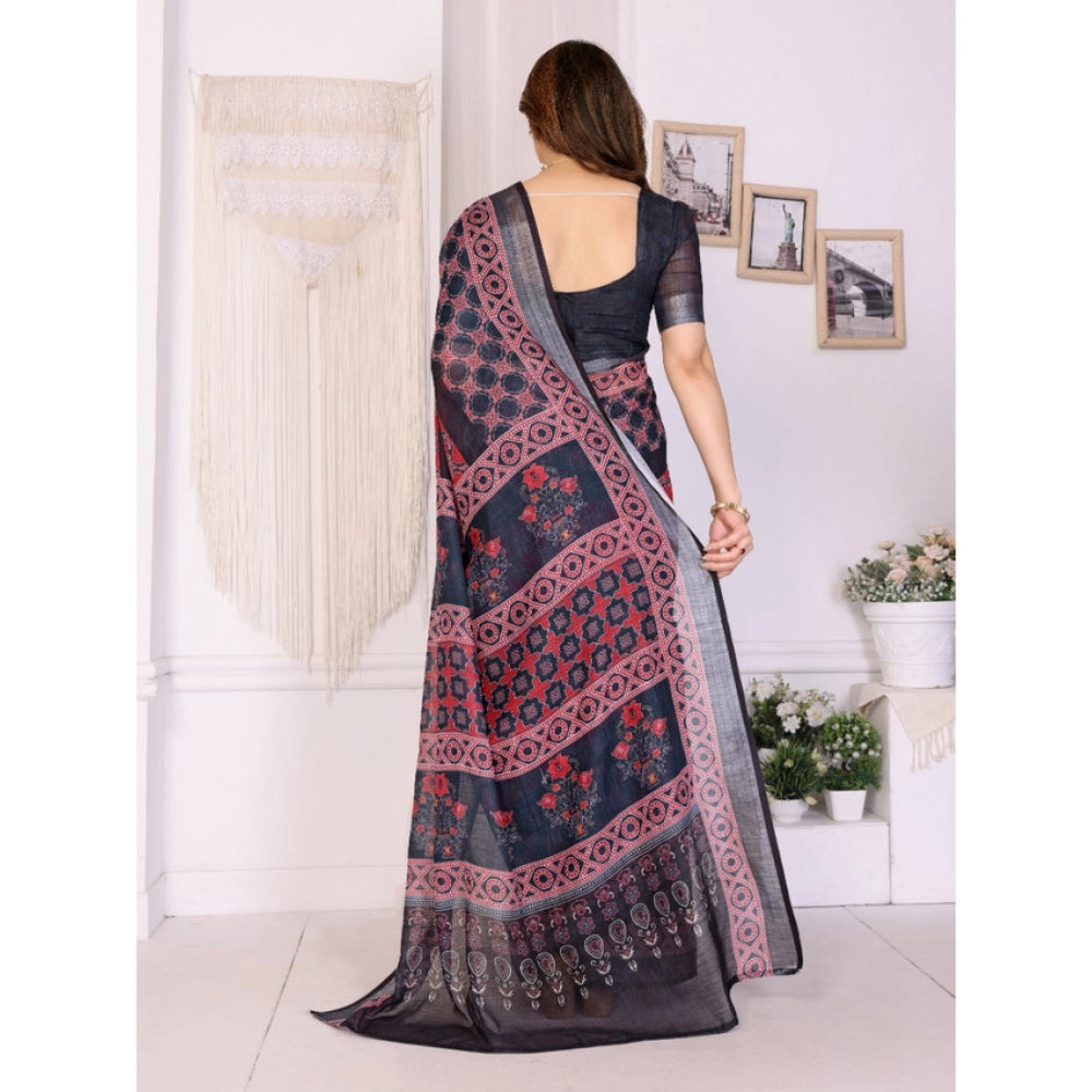 Women's Linen Cotton Printed Saree With Unstitched Blouse 5.5 Mtr (Black)