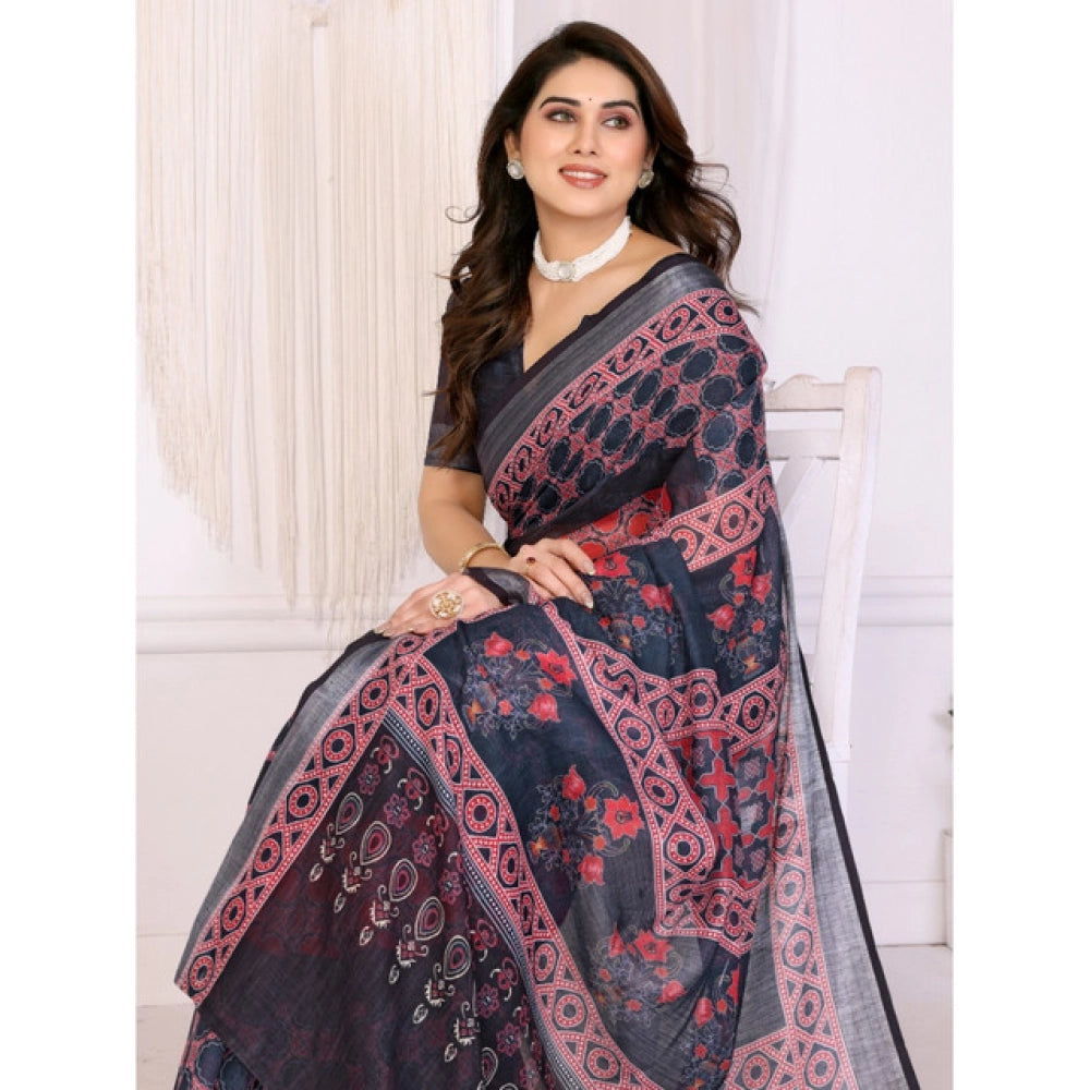 Women's Linen Cotton Printed Saree With Unstitched Blouse 5.5 Mtr (Black)