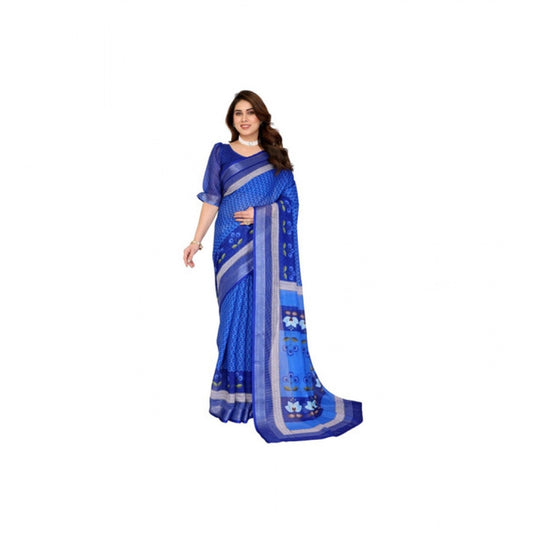 Women's Linen Cotton Printed Saree With Unstitched Blouse 5.5m (Blue)