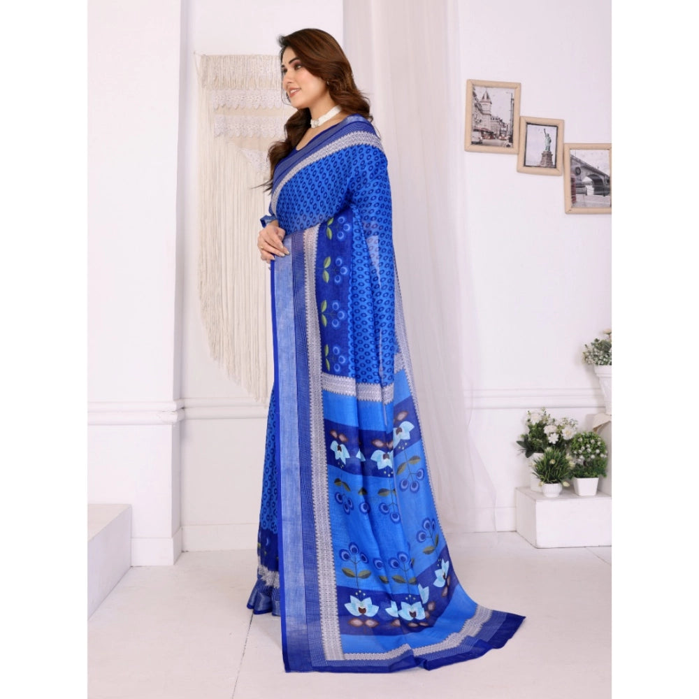 Women's Linen Cotton Printed Saree With Unstitched Blouse 5.5 Mtr (Blue)