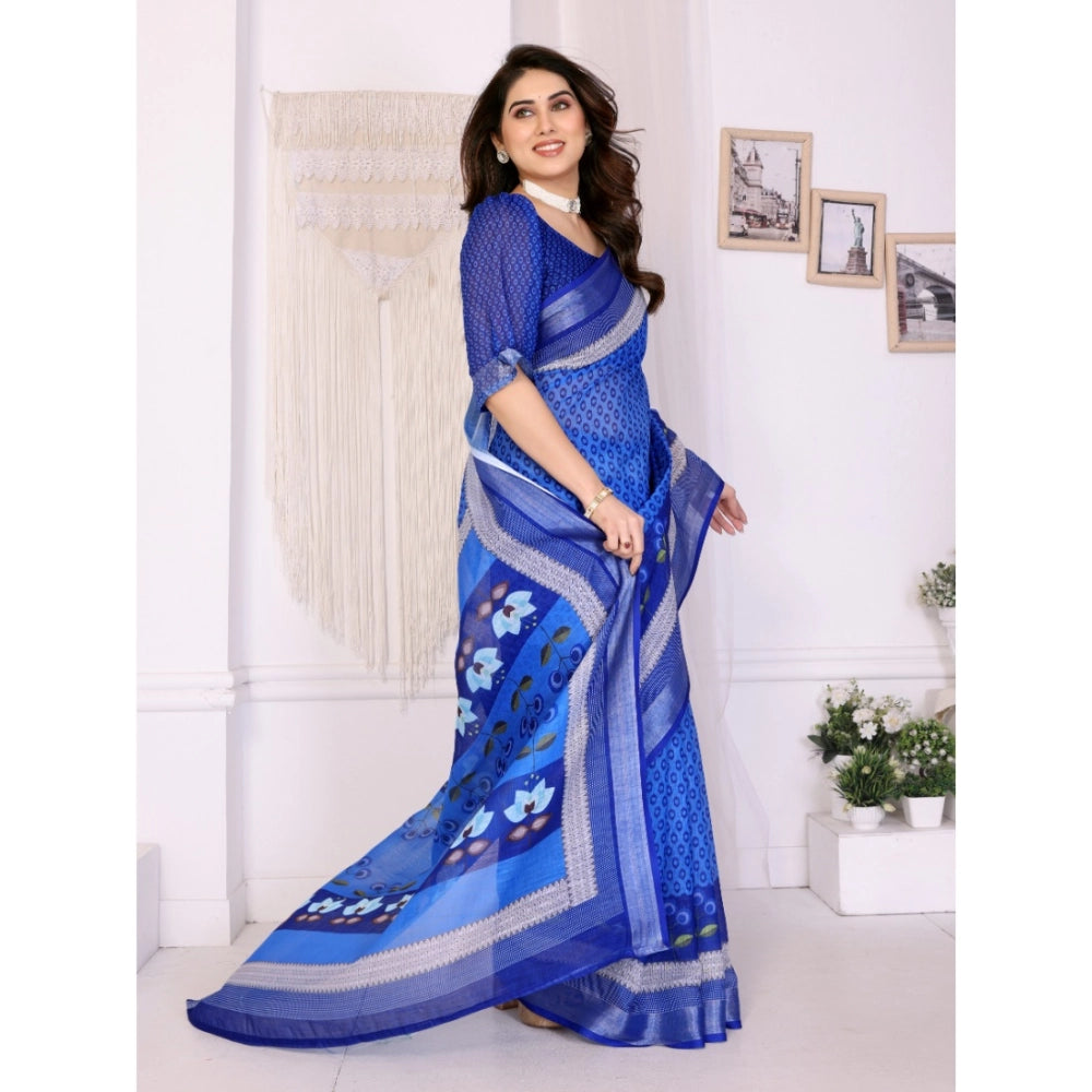 Women's Linen Cotton Printed Saree With Unstitched Blouse 5.5 Mtr (Blue)