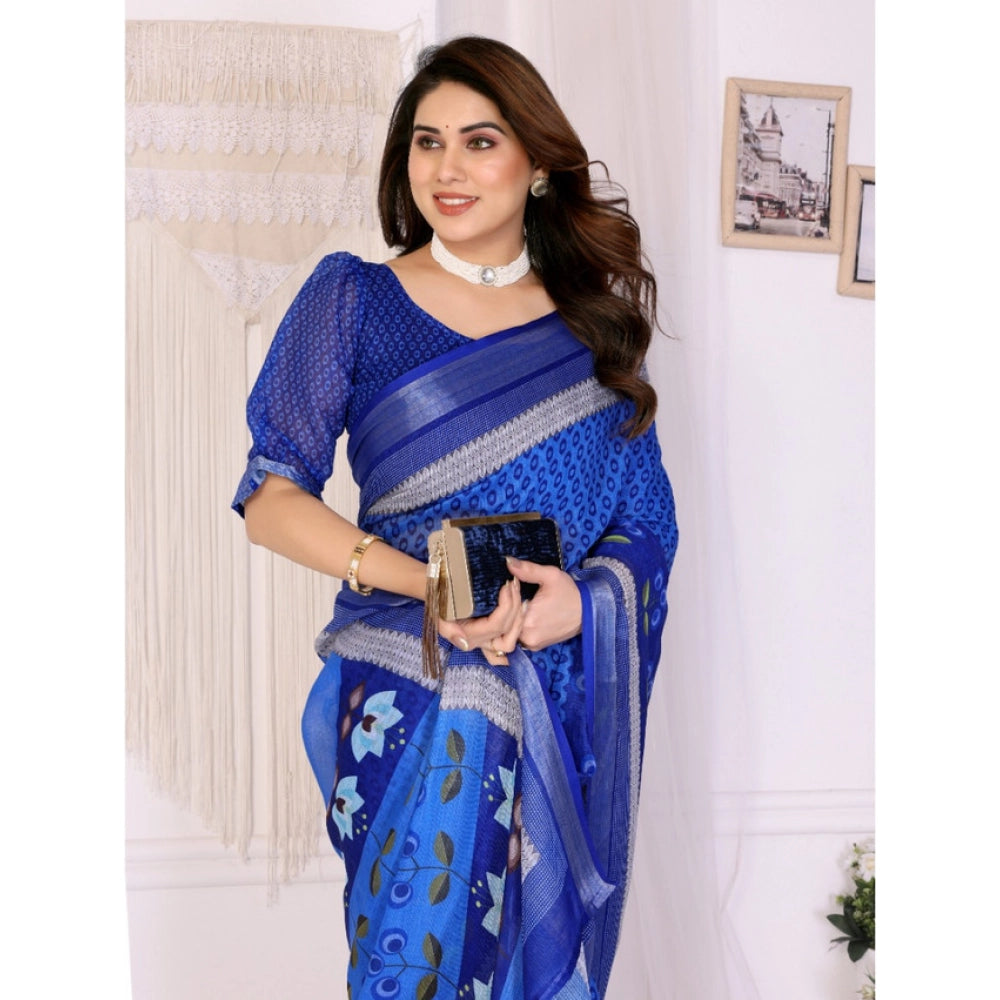 Women's Linen Cotton Printed Saree With Unstitched Blouse 5.5 Mtr (Blue)