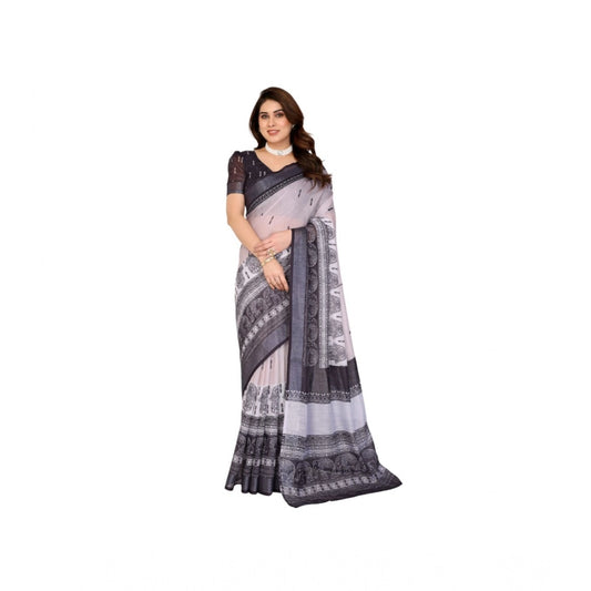 Women's Linen Cotton Printed Saree With Unstitched Blouse 5.5m (White &amp; Black)