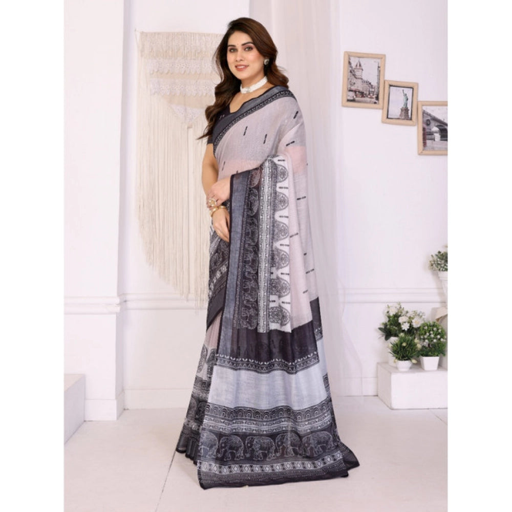 Women's Linen Cotton Printed Saree With Unstitched Blouse 5.5 Mtr (White & Black)