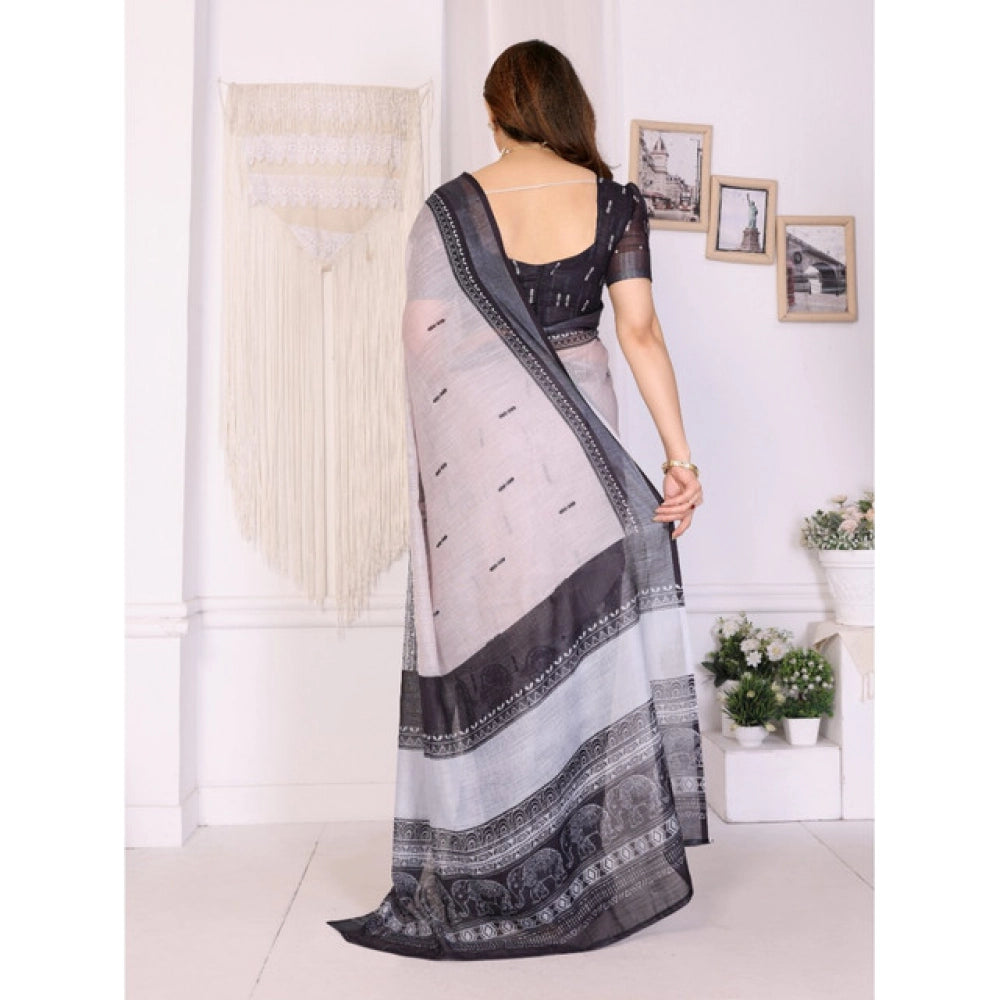 Women's Linen Cotton Printed Saree With Unstitched Blouse 5.5 Mtr (White & Black)