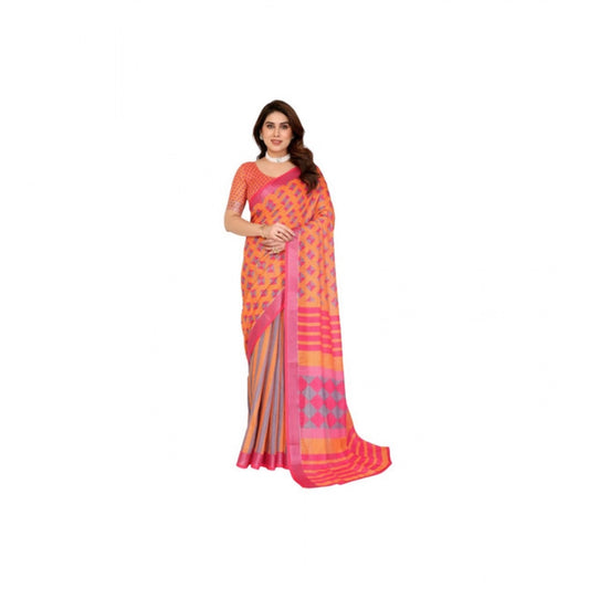 Women's Linen Cotton Printed Saree With Unstitched Blouse 5.5m (Orange )