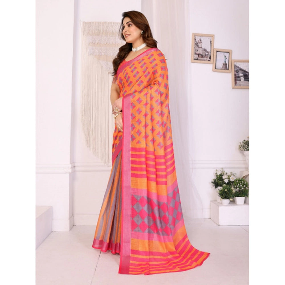 Women's Linen Cotton Printed Saree With Unstitched Blouse 5.5 Mtr (Orange )