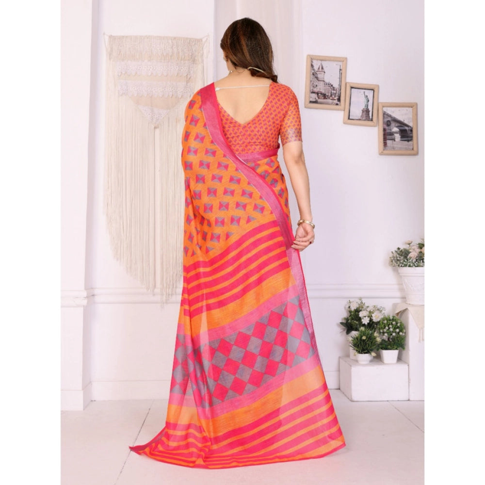 Women's Linen Cotton Printed Saree With Unstitched Blouse 5.5 Mtr (Orange )