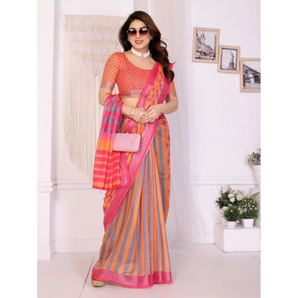 Women's Linen Cotton Printed Saree With Unstitched Blouse 5.5 Mtr (Orange )