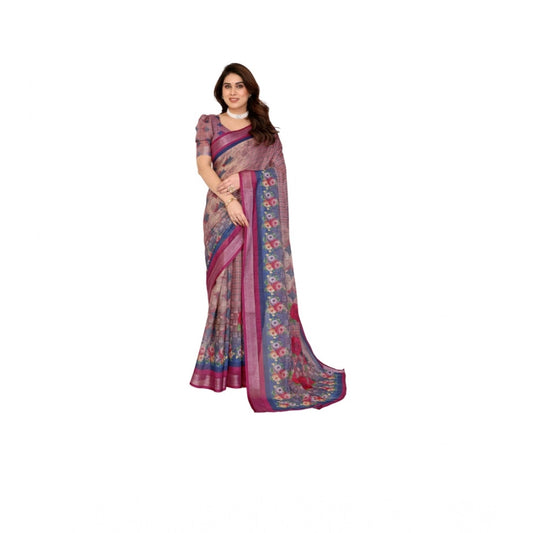 Women's Linen Cotton Printed Saree With Unstitched Blouse 5.5m (Wine )
