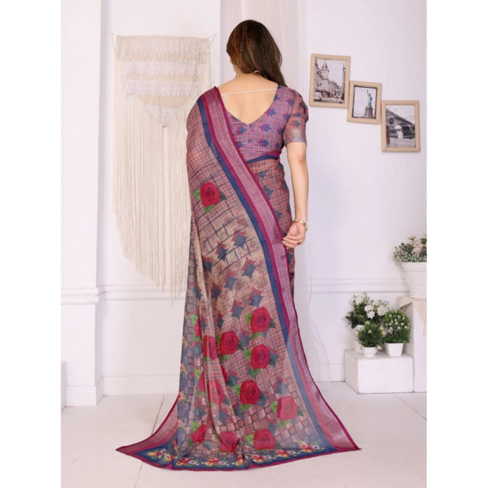 Women's Linen Cotton Printed Saree With Unstitched Blouse 5.5 Mtr (Wine )