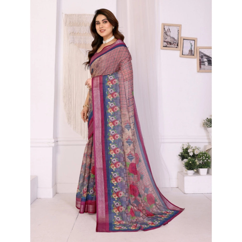 Women's Linen Cotton Printed Saree With Unstitched Blouse 5.5 Mtr (Wine )