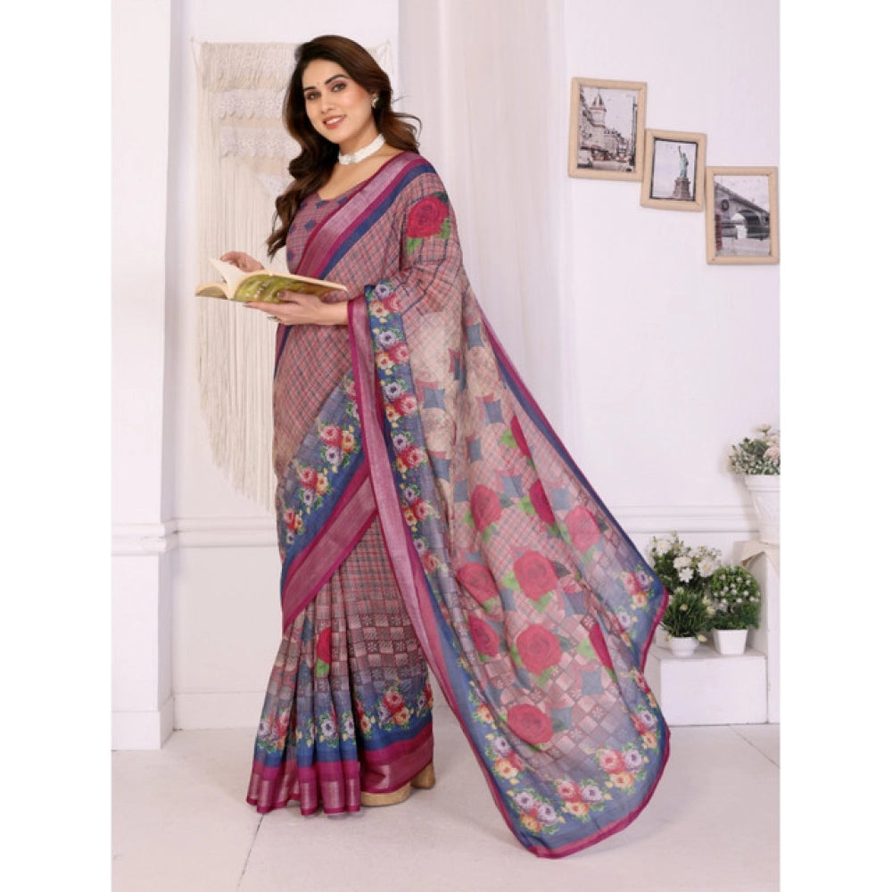 Women's Linen Cotton Printed Saree With Unstitched Blouse 5.5 Mtr (Wine )
