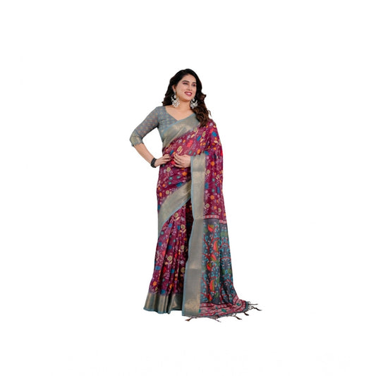 Women's Linen Printed Saree With Unstitched Blouse 5.5m (Purple)