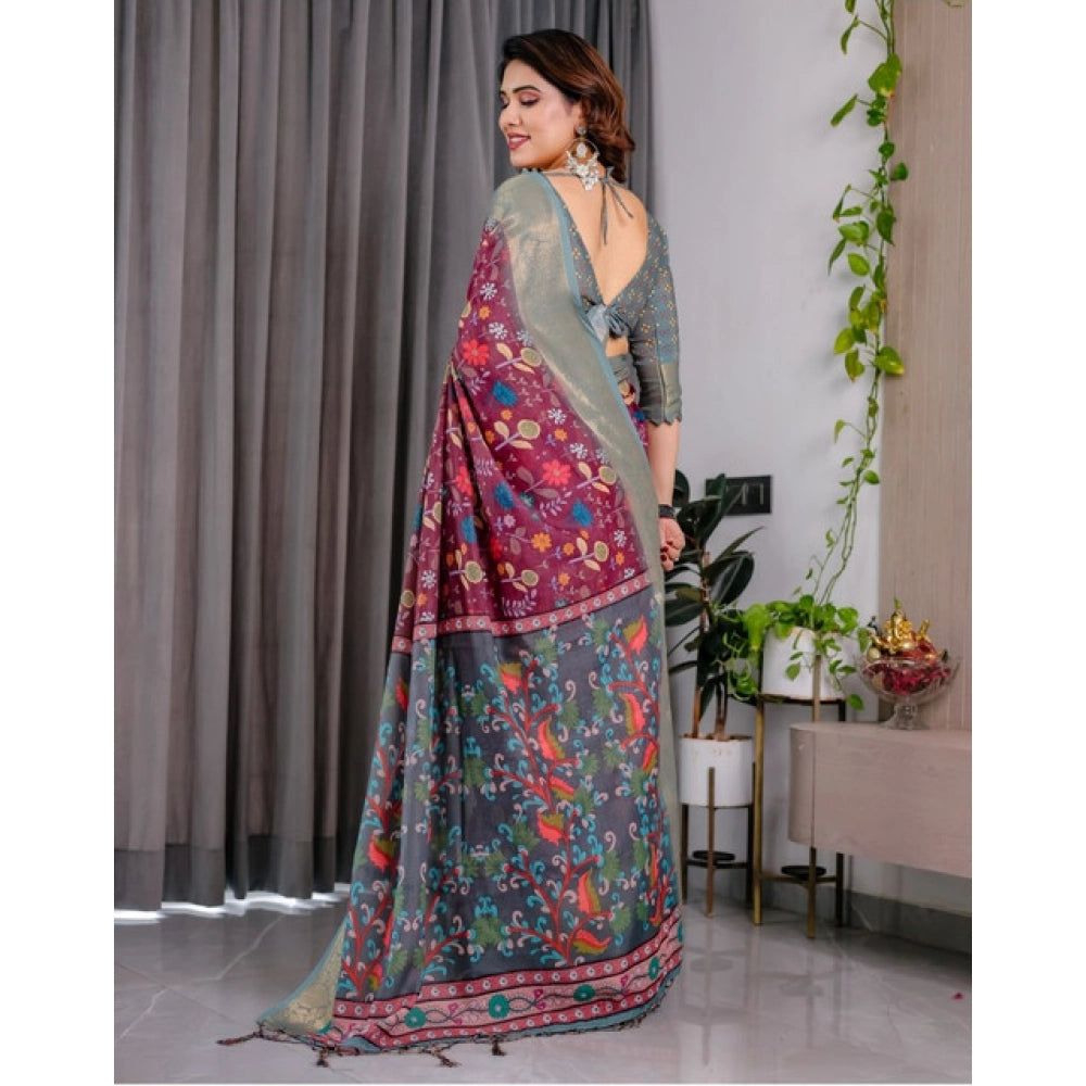 Women's Linen Printed Saree With Unstitched Blouse 5.5 Mtr (Purple)