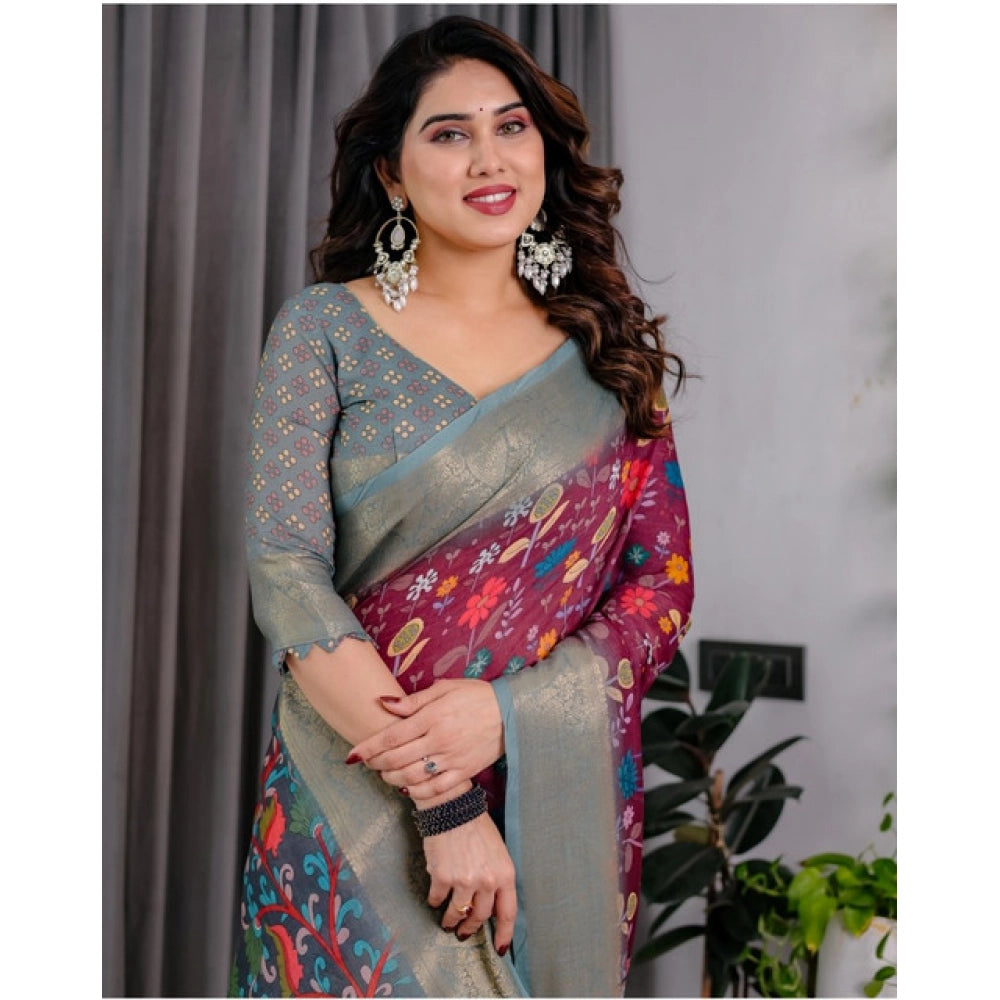 Women's Linen Printed Saree With Unstitched Blouse 5.5 Mtr (Purple)