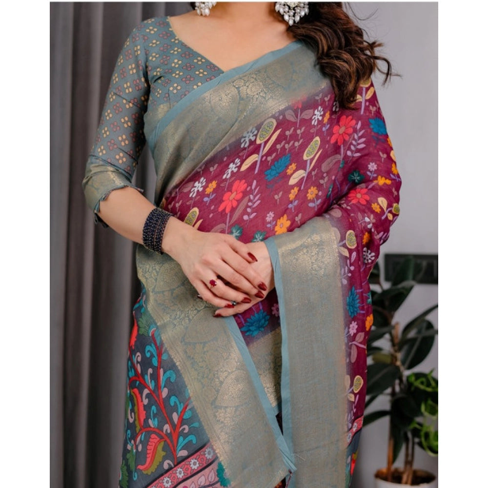 Women's Linen Printed Saree With Unstitched Blouse 5.5 Mtr (Purple)