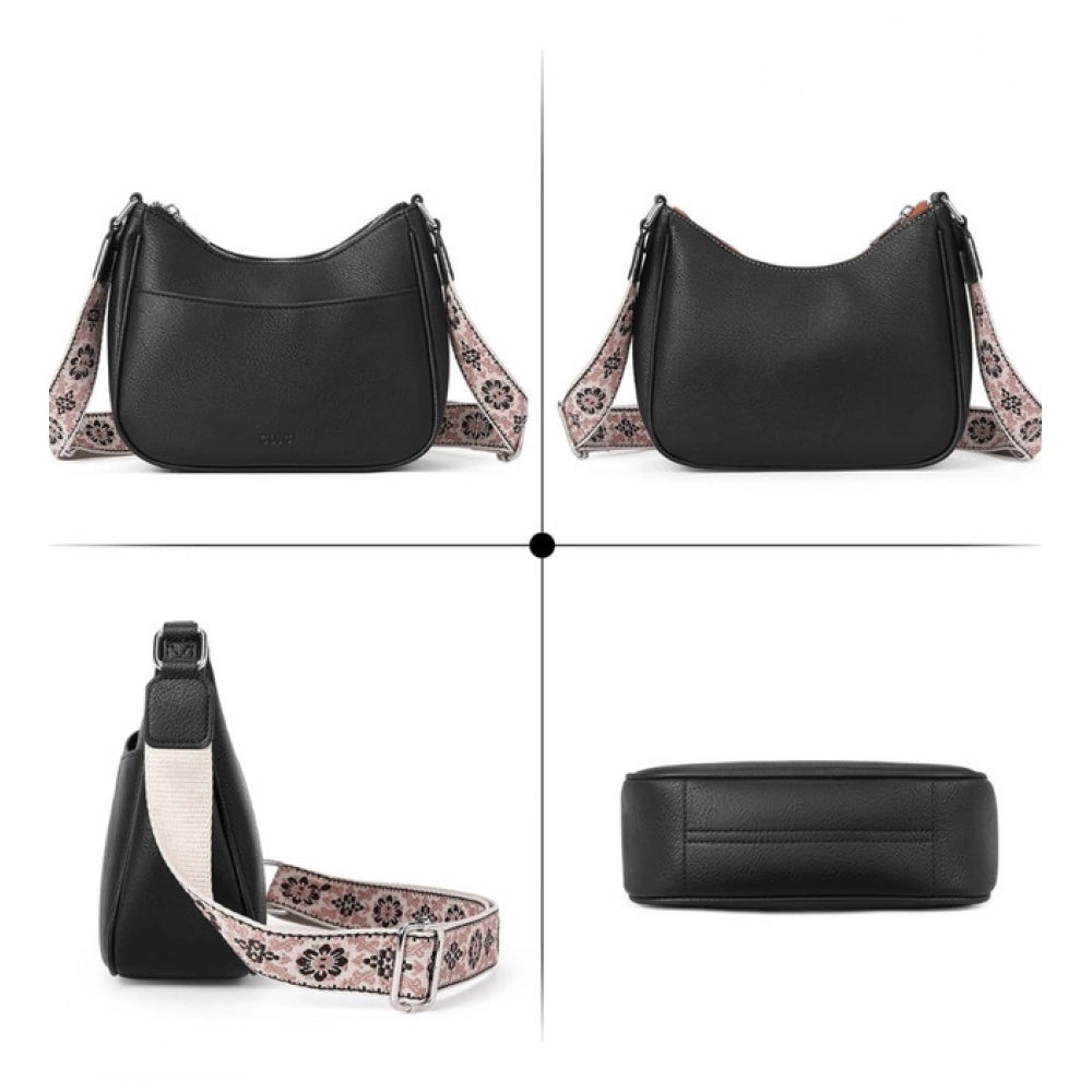 Women's PU Leather Zipper Sling Bag (Black) - POPNOVA