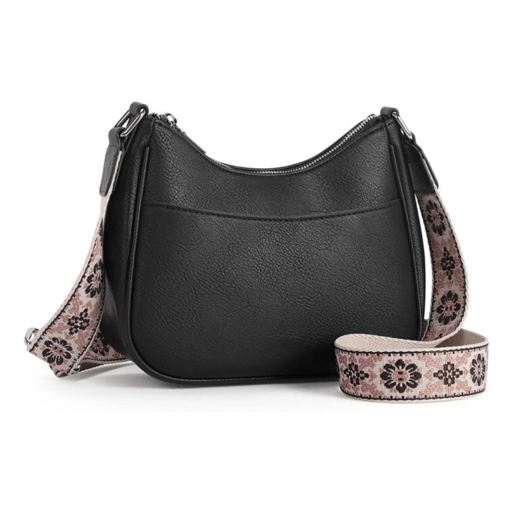 Women's PU Leather Zipper Sling Bag (Black) - POPNOVA