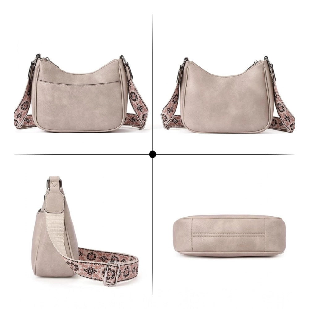 Women's PU Leather Zipper Sling Bag (Beige) - POPNOVA