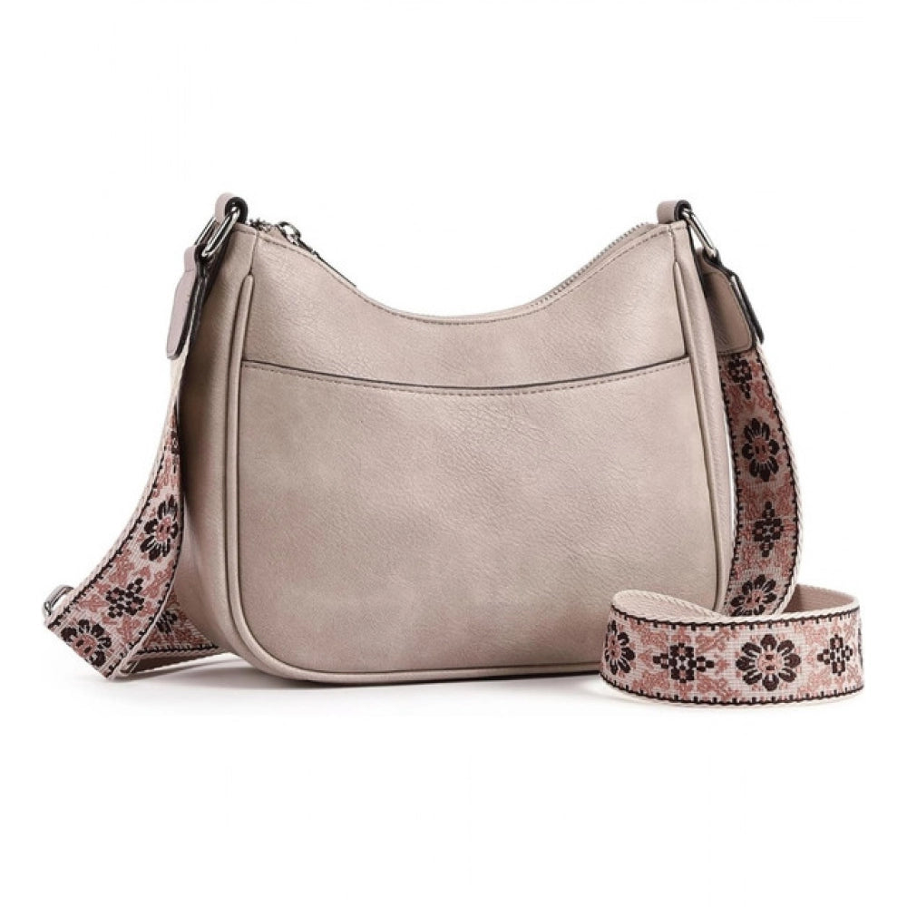 Women's PU Leather Zipper Sling Bag (Beige) - POPNOVA