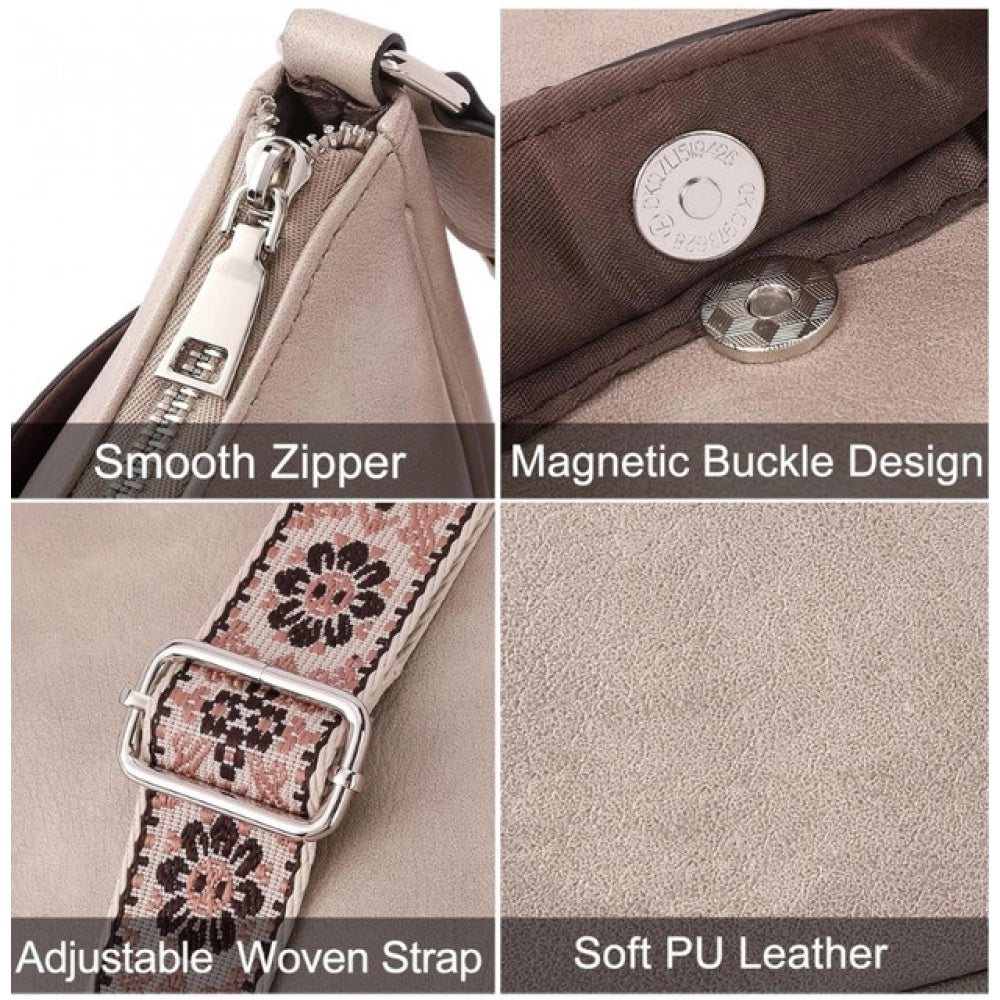 Women's PU Leather Zipper Sling Bag (Beige) - POPNOVA