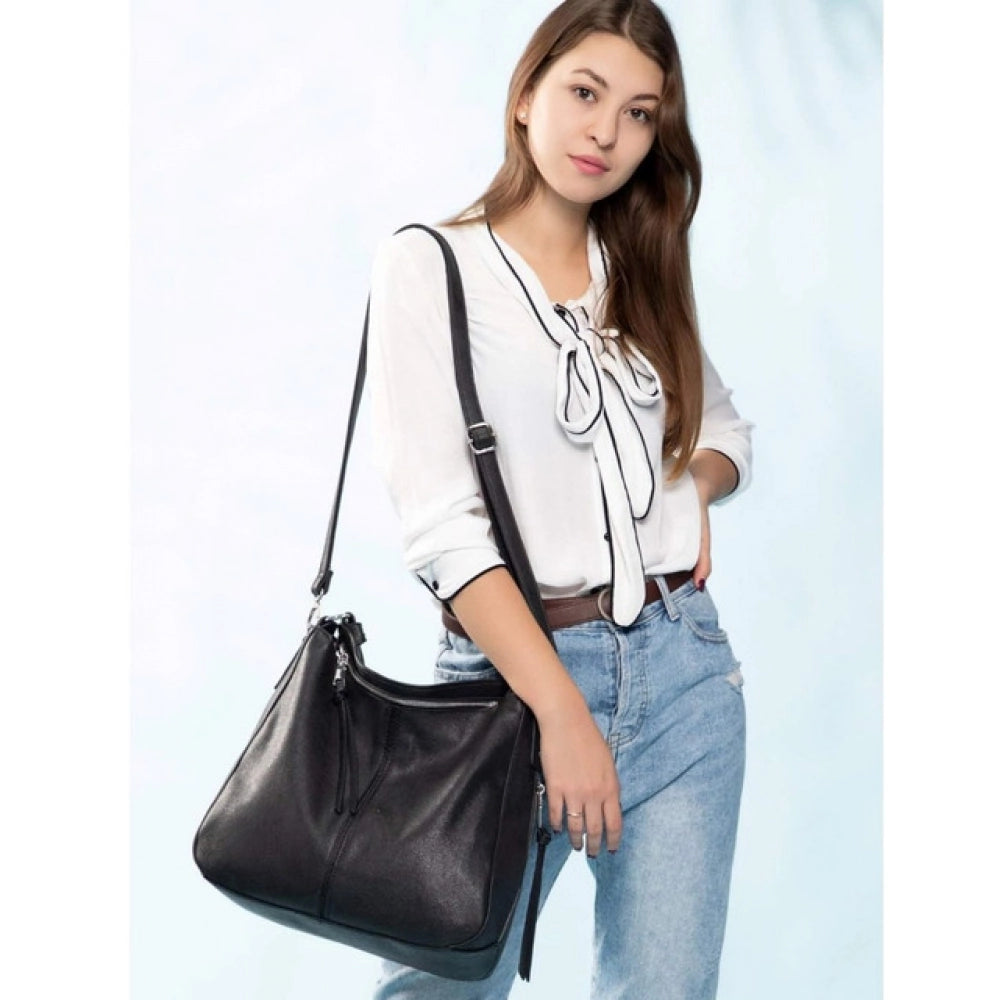 Women's PU Leather Zipper Handbag (Black) - POPNOVA
