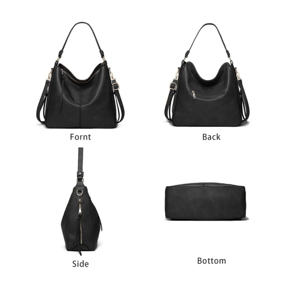 Women's PU Leather Zipper Handbag (Black) - POPNOVA