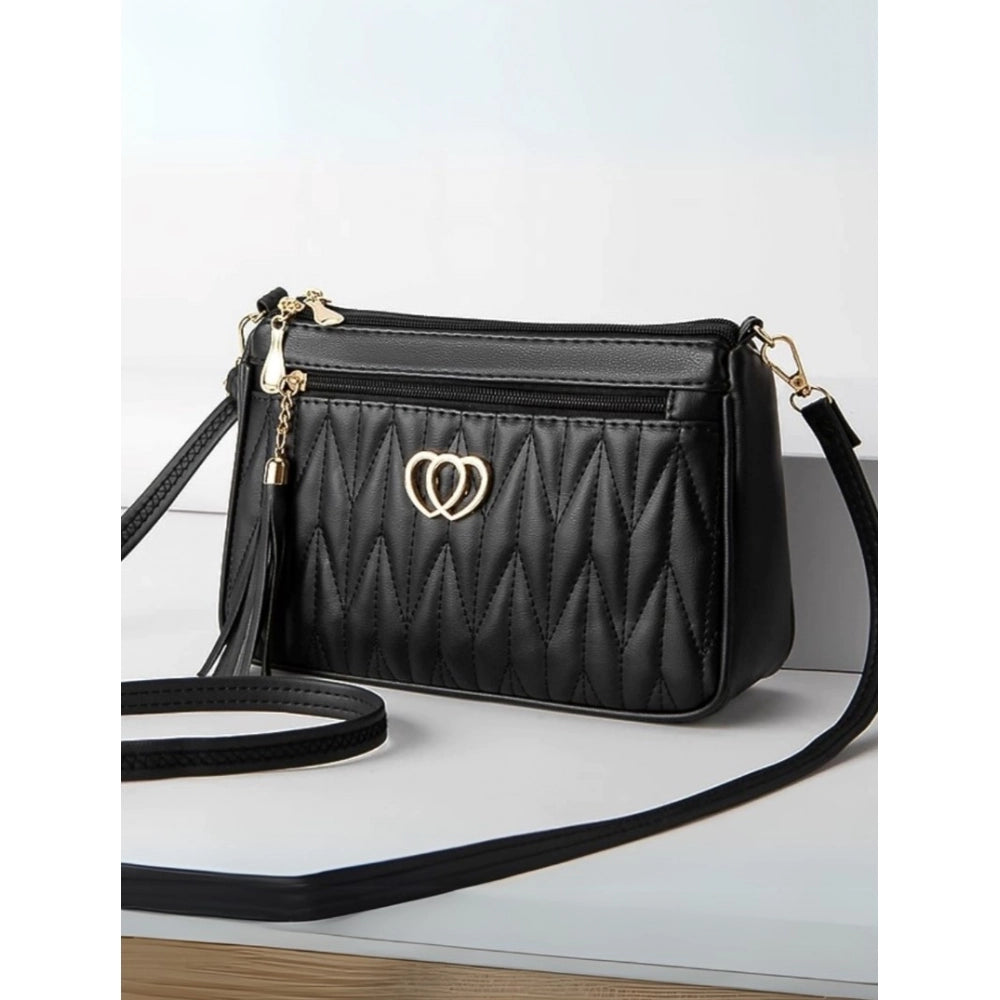 Women's PU Leather Zipper Sling Bag (Black) - POPNOVA