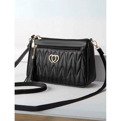 Women's PU Leather Zipper Sling Bag (Black) - POPNOVA