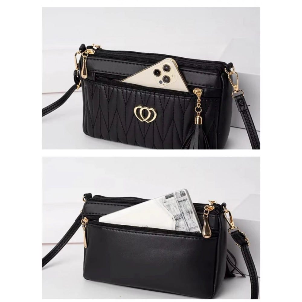 Women's PU Leather Zipper Sling Bag (Black) - POPNOVA