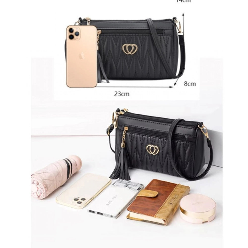 Women's PU Leather Zipper Sling Bag (Black) - POPNOVA