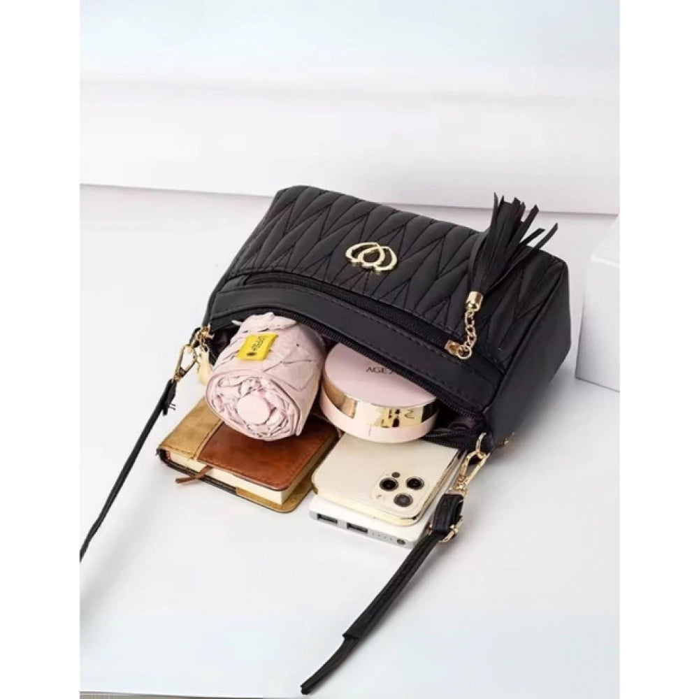 Women's PU Leather Zipper Sling Bag (Black) - POPNOVA